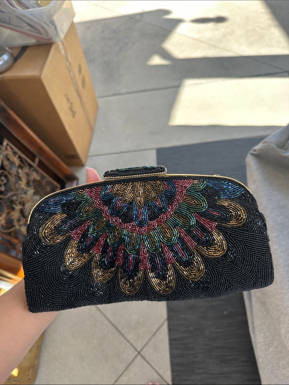 Black Beaded Multi-Color Floral Clutch